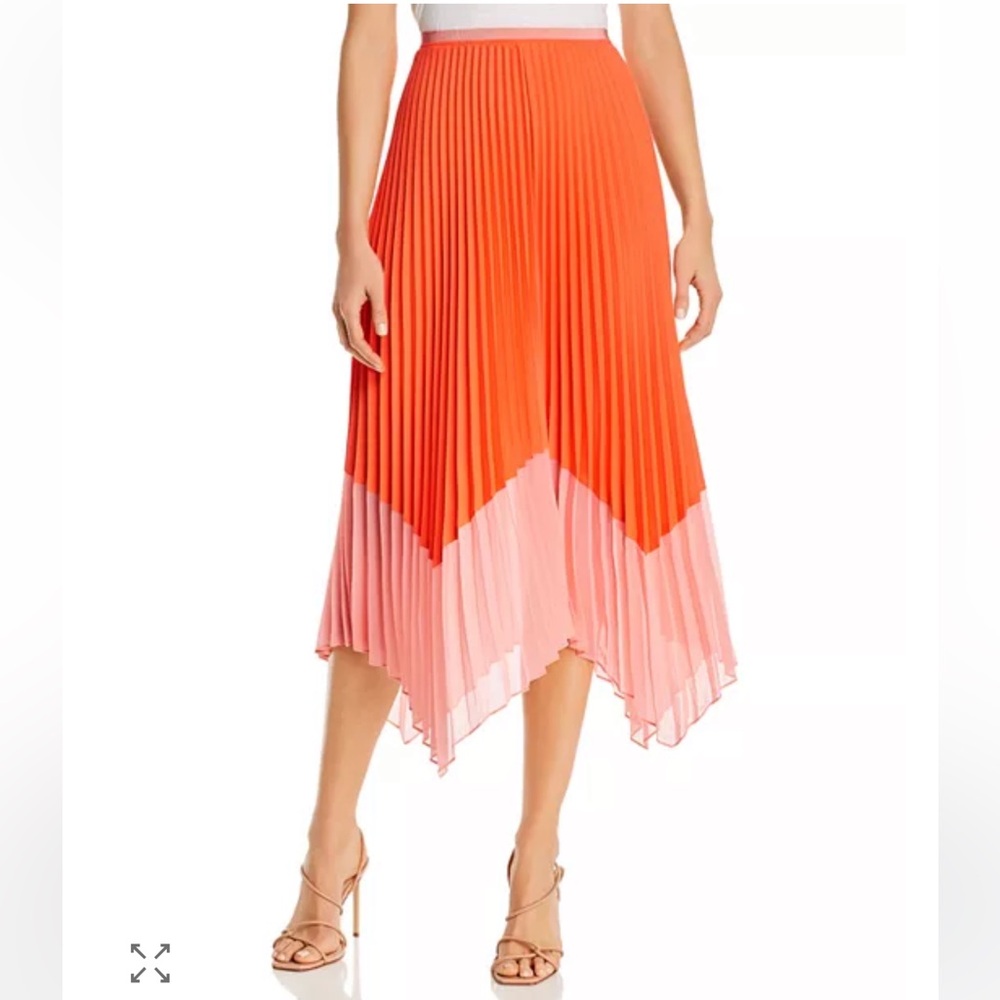 French Connection - Ali Pleated Two-Tone Midi Skirt - High Low Red + Pink Skirt